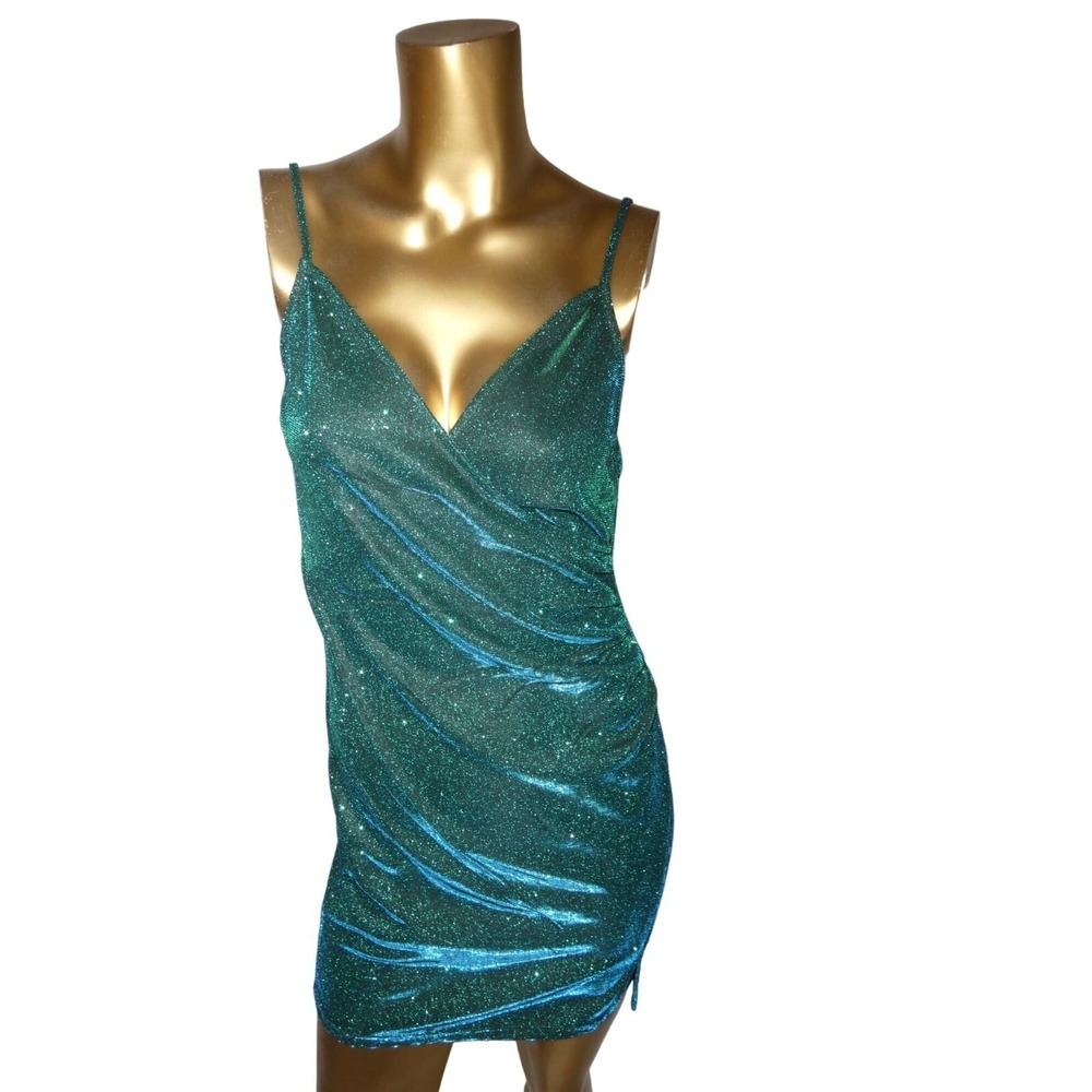 Inspired Hearts Women's Teal Blue Glitter Dress Medium Party Cocktail - Picture 4 of 8